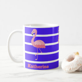 Taza De Café Flamencos rosados personalizados en rayas azules