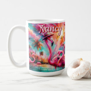 Taza De Café Flamencos rosados tropicales palmeras personalizad