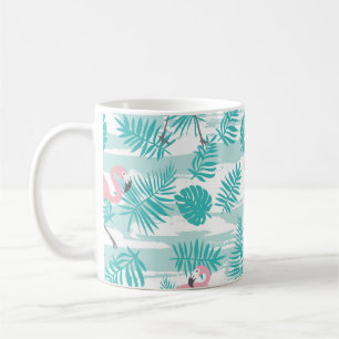 Taza De Café Flamencos rosas, hojas de palma verdes, tropicales
