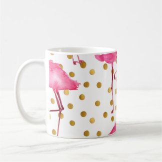 Taza De Café Flamencos rosas, puntos dorados, acuarela.