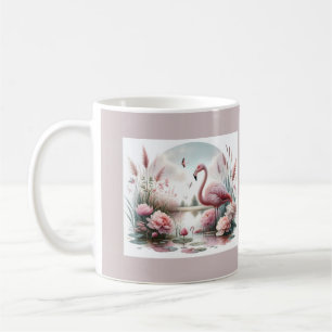 Taza De Café Flamingo en la escena floral de Pastel Pond