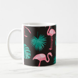 Taza De Café Flamingo, hojas de palma: acuarela tropical.