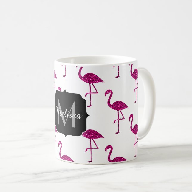 Taza De Café Flamingo parduzco Patrón de chispas rosas Monogram (Anverso derecho)