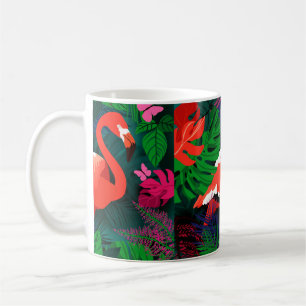 Taza De Café Flamingo rosa. Hojas tropicales, mariposa rosada,