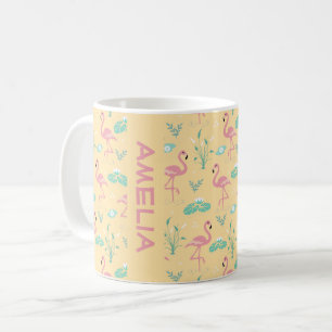 Taza De Café Flamingo rosa patrón amarillo nombre lindo