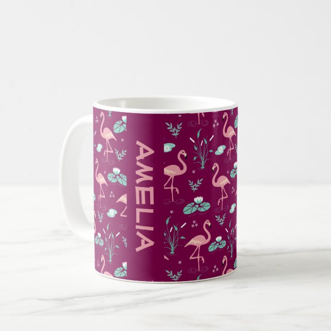 Taza De Café Flamingo rosa patrón rojo lindo nombre (Anverso izquierdo)