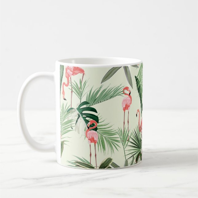 Taza De Café Flamingo rosa y flores exóticas, hojas de palma. F (Izquierda)