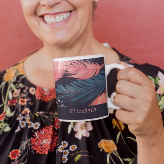 Taza De Café Flamingo Rosado Femeja Patrón Temático (Pink Flamingo Feathers Tropical Themed Pattern Coffee Mug from Ricaso
Add your own name. Personalize)