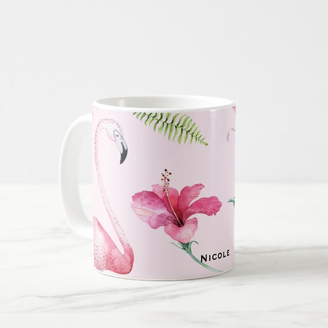 Taza De Café Flamingo Rosado Tropical Hibiscus Floral Fun (Anverso izquierdo)