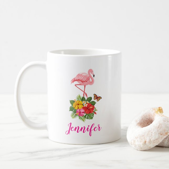 Taza De Café Flamingo rosado y flamante tropical hibiscus (Con donut)