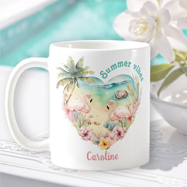 Taza De Café Flamingo Summer Beach Hawaii nombre tropical (Flamingo Summer Beach Hawaii Tropical Name Coffee Mug)