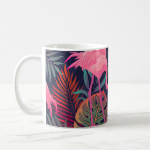Taza De Café Flamingo tropical: patrón de palma vintage.