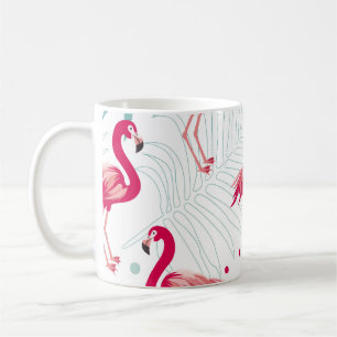 Taza De Café Flamingo y hojas tropicales, patrón de verano.