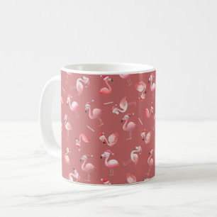 Taza De Café Flamingos de Navidad Esparcidos sobre Rojo Desteñi
