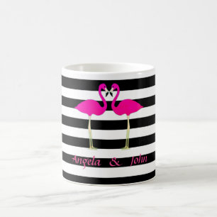 Taza De Café Flamingos Rosas, Rayas Negras y Blancas Personaliz