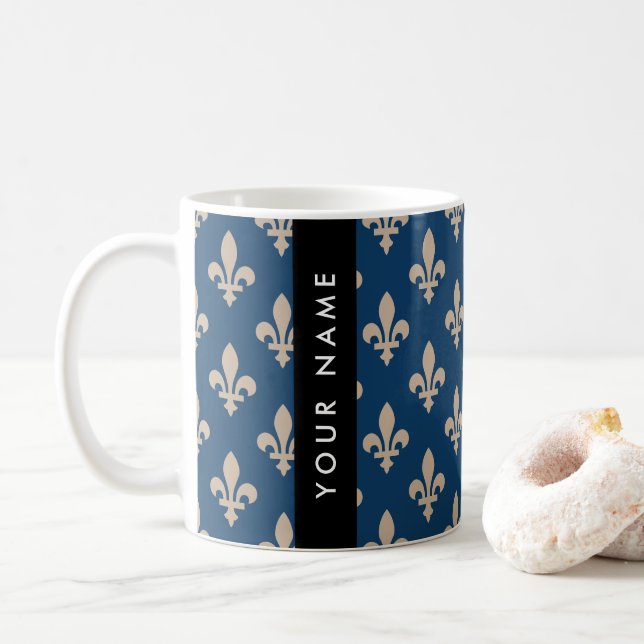 Taza De Café Fleur de Lis, Beige on Navy Blue, Royal, Your Name (Con donut)