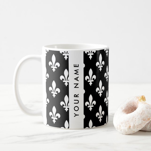 Taza De Café Fleur de Lis, Blanco sobre Negro, Blanco, Tu Nombr (Con donut)