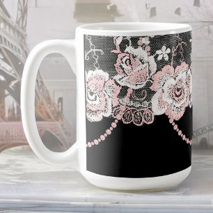 Taza De Café Flirty y Delicate Rosa Faux Lace y Perlas