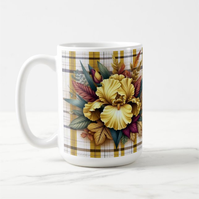 Taza De Café Flor Amarilla vibrante con hojas otoñales (Izquierda)