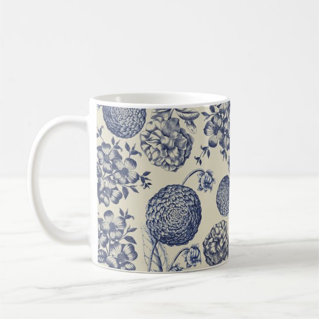 Taza De Café Flor azul anticuada impresa floral (Izquierda)