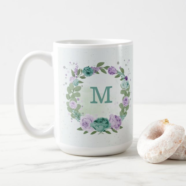 Taza De Café flor azul violeta romántica (Con donut)