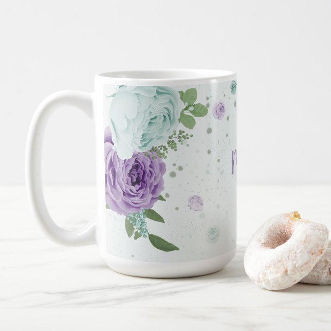 Taza De Café flor azul violeta romántica (Con donut)