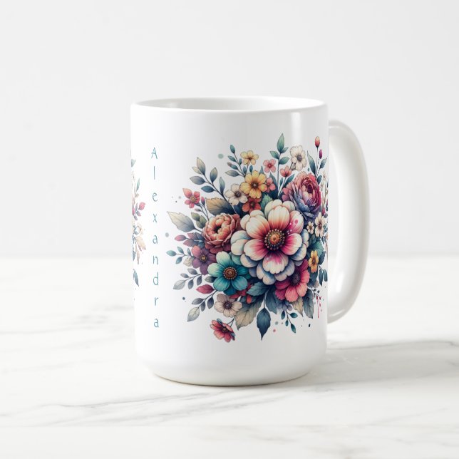 Taza De Café Flor Bouquet acuarela personalizada (Anverso derecho)
