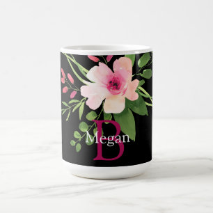Taza De Café Flor de Acuarela, Nombre y Monograma en Negro