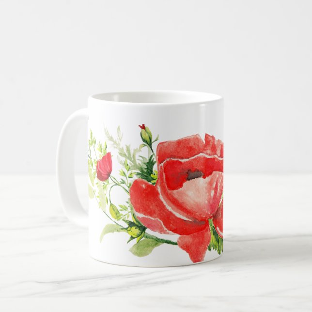 Taza De Café Flor de adormidera roja acuarela (Anverso izquierdo)