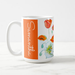 Taza De Café Flor de Amapola Naranja Roja Acuarela Mujer Amapol
