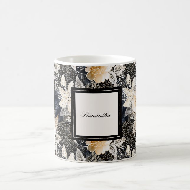 Taza De Café Flor de animales de leopardo negro (Centro)