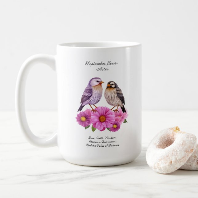 Taza De Café Flor de Aster de septiembre con pájaros regalo de  (Con donut)