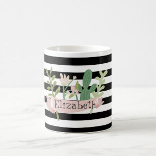 Taza De Café Flor de Cactus Rayas Blancas y Negras