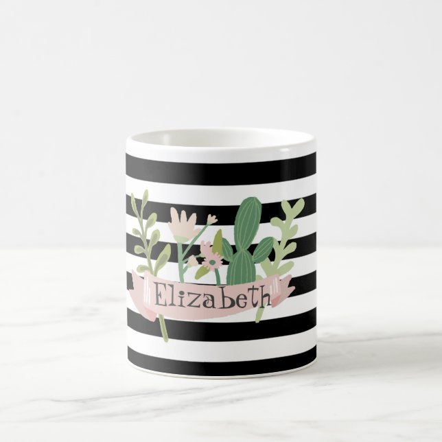 Taza De Café Flor de Cactus Rayas Blancas y Negras (Centro)