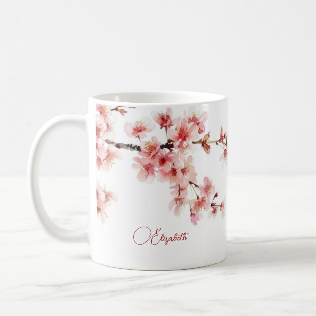 Taza De Café Flor de cerezo acuarela Su Nombre Mug Monograma (Izquierda)