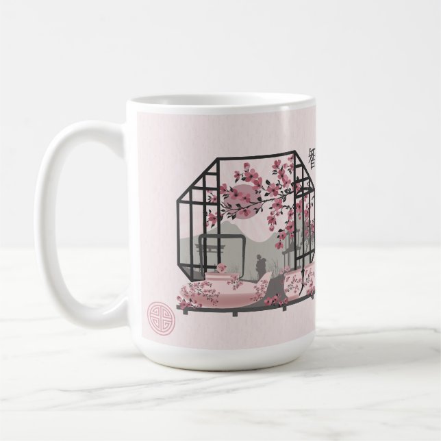 Taza De Café Flor de cerezo rosa bonsai diseño gráfico asiático (Izquierda)