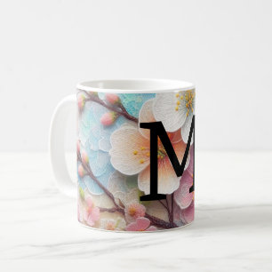 Taza De Café Flor de cerezo rosa floral de encaje monograma