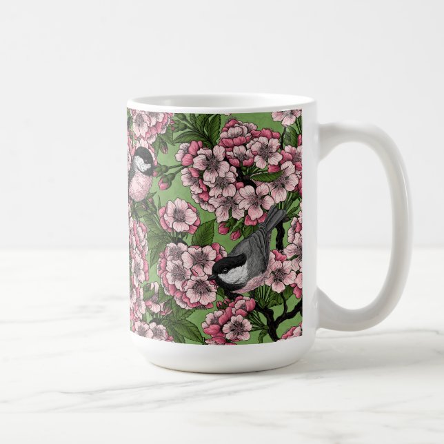 Taza De Café Flor de cerezo y pollos en verde (Derecha)