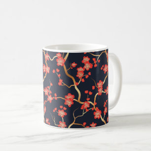 Taza De Café Flor de ciruelo carmesí dorado bronce naval floral
