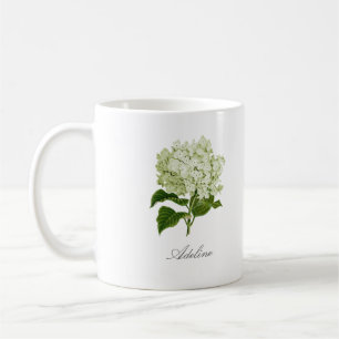 Taza De Café Flor de Hortensia Verde y Blanca y Nombre Personal