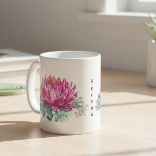 Taza De Café Flor de Loto con Acuarela Rosa y Nombre
