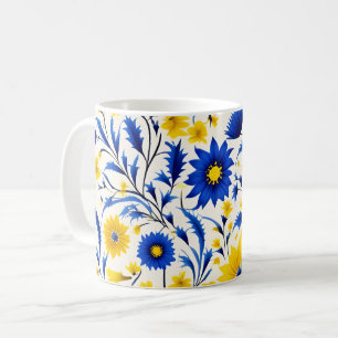 Taza De Café Flor de maíz romántica azul y floral amarilla