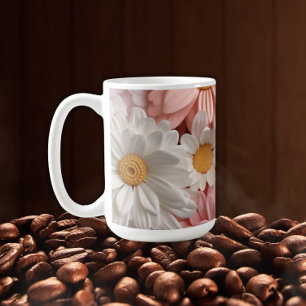 Taza De Café Flor de margarita 3D rosa y blanca
