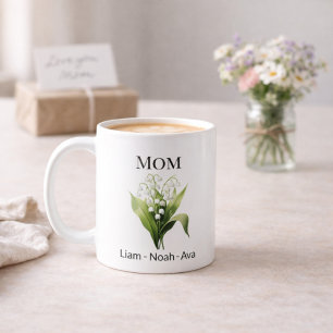 Taza De Café Flor de nacimiento de mamá de mayo con nombres de