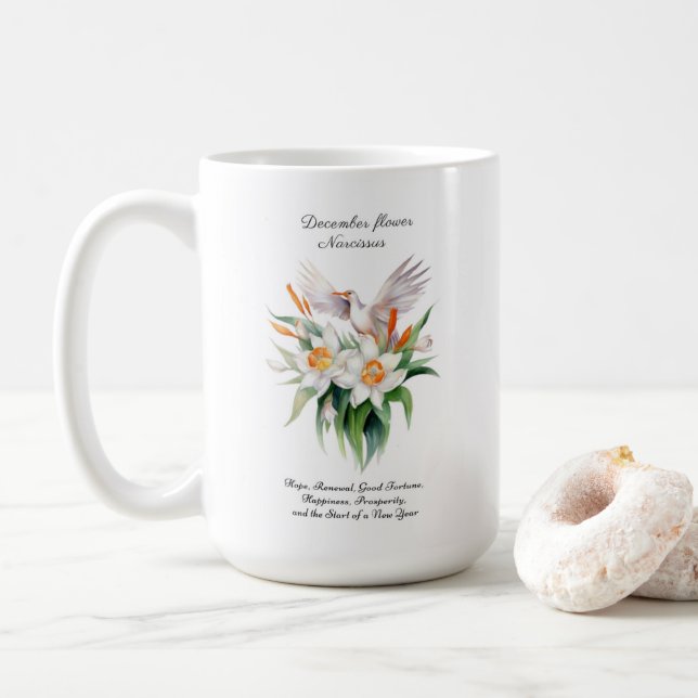 Taza De Café Flor de Narciso de diciembre con pájaro floral (Con donut)