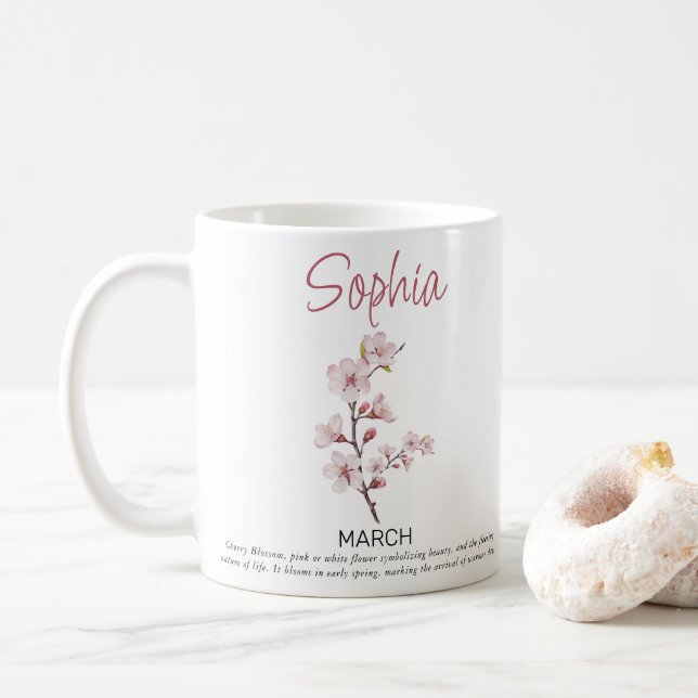 Taza De Café Flor de natalidad personalizada de marzo (Con donut)