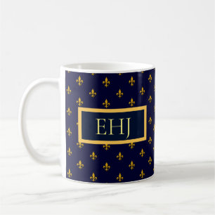 Taza De Café Flor de oro de Lis sobre azul marino
