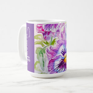Taza De Café Flor de Pensamiento Morado Acuarela Nombre de Muje