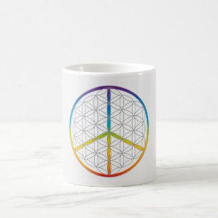 Taza De Café Flor de vida Diseño Paz + Amor Símbolo Arcoiris