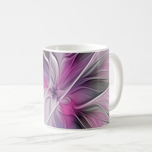 Taza De Café Flor Floral Fractal Moderno Abstracto Flor Gris ro (Anverso derecho)